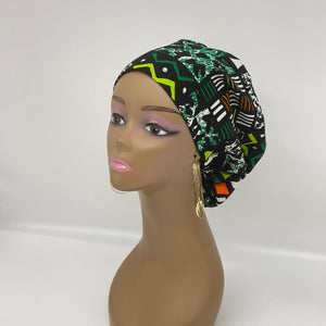Niceroy surgical SCRUB HAT CAP,  Ankara Europe style nursing caps black green  African print fabric and satin lining option.