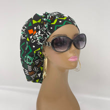 Load image into Gallery viewer, Adjustable PONY SCRUB CAP, black and green cotton fabric surgical scrub hat pony nursing caps, satin lining option for locs /Long Hair