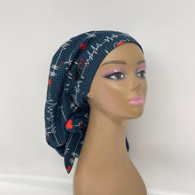 Load image into Gallery viewer, Adjustable PONY SCRUB Cap, Nurse and Doctors EKG cotton fabric surgical scrub hat nursing caps with satin lining for locs/Long Hair