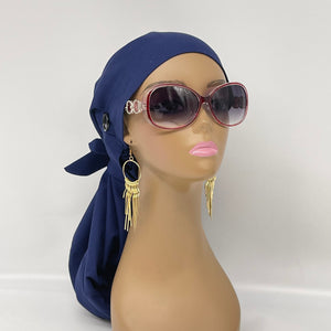Adjustable Dread Locs and Long braids HAT Cap, Long pony style nursing caps made with navy blue cotton fabric