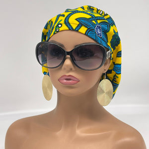 Niceroy surgical SCRUB HAT CAP,  yellow and  turquoise blue Ankara Europe style nursing caps and satin lining option