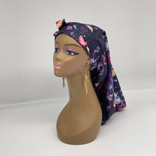 Load image into Gallery viewer, Adjustable Dread Locs and Long braids HAT Cap, Long pony style nursing scrub caps made with purple solar system fabric