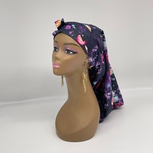Adjustable Dread Locs and Long braids HAT Cap, Long pony style nursing scrub caps made with purple solar system fabric