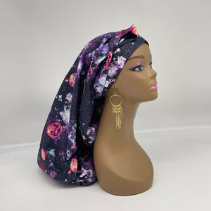 Adjustable Dread Locs and Long braids HAT Cap, Long pony style nursing scrub caps made with purple solar system fabric