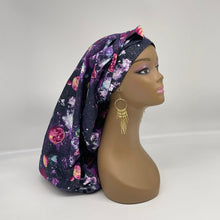 Load image into Gallery viewer, Adjustable Dread Locs and Long braids HAT Cap, Long pony style nursing scrub caps made with purple solar system fabric