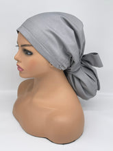 Load image into Gallery viewer, Adjustable PONY SCRUB CAP, solid gray cotton fabric surgical scrub hat pony nursing caps and satin lining option for locs /Long Hair