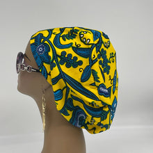 Load image into Gallery viewer, Niceroy surgical SCRUB HAT CAP,  yellow and  turquoise blue Ankara Europe style nursing caps and satin lining option