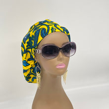 Load image into Gallery viewer, Niceroy surgical SCRUB HAT CAP,  yellow and  turquoise blue Ankara Europe style nursing caps and satin lining option
