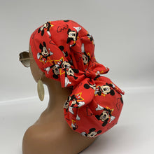 Load image into Gallery viewer, Adjustable PONYTAIL SCRUB CAP Mickey and Minnie Mouse surgical scrub hat nursing caps, satin lining option for long hair