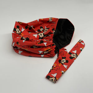 Adjustable PONYTAIL SCRUB CAP Mickey and Minnie Mouse surgical scrub hat nursing caps, satin lining option for long hair