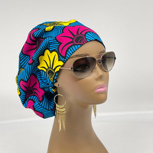 Niceroy surgical SCRUB HAT CAP,  Ankara Europe style nursing caps blue yellow pink African print fabric and satin lining option.