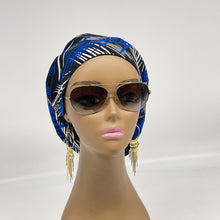 Load image into Gallery viewer, Niceroy surgical SCRUB HAT CAP,  Ankara Europe style nursing cap royal blue, white and black African print fabric and satin lining option.