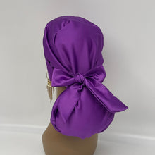 Load image into Gallery viewer, Niceroy Purple Adjustable Satin SCRUB HAT CAP, Bonnet, nursing caps,  Pony hat for long hair, locs, braids, medical scrub cap