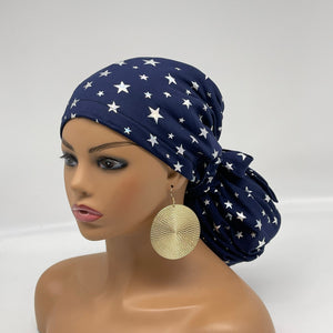 Adjustable PONY SCRUB CAP, navy blue  silver stars stretchy fabric surgical scrub hat nursing caps, satin lining option for locs/Long Hair