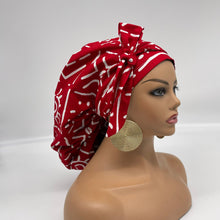 Load image into Gallery viewer, Adjustable PONY SCRUB CAP, Red and White Ankara cotton fabric surgical scrub hat pony nursing caps, satin lining option for locs/Long Hair