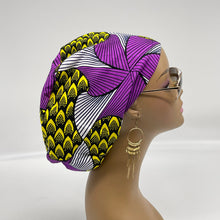 Load image into Gallery viewer, Niceroy surgical SCRUB HAT CAP,  Ankara Europe style nursing caps Purple and Yellow African print fabric and satin lining option.