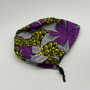 Niceroy surgical SCRUB HAT CAP,  Ankara Europe style nursing caps Purple and Yellow African print fabric and satin lining option.