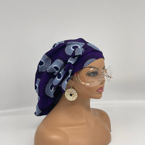 Adjustable PONY SCRUB CAP, Purple black White Ankara cotton fabric surgical scrub hat nursing caps, satin lining option for locs/Long Hair