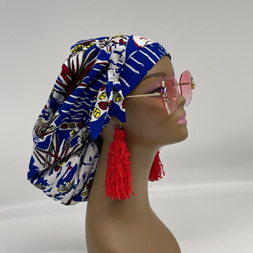 Adjustable PONY SCRUB CAP, Royal blue Red White Ankara cotton fabric surgical scrub hat nursing caps, satin lining option for locs/Long Hair