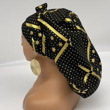 Load image into Gallery viewer, Adjustable PONY SCRUB CAP, black and metallic gold stars cotton fabric surgical scrub hat nursing caps, satin lining option for long hair