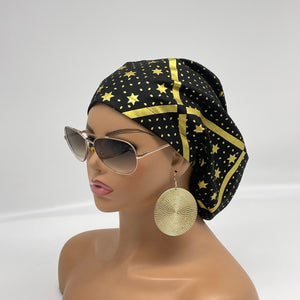 Niceroy surgical SCRUB HAT CAP, Europe style nursing caps black cotton,gold metallic stars fabric,satin lining option