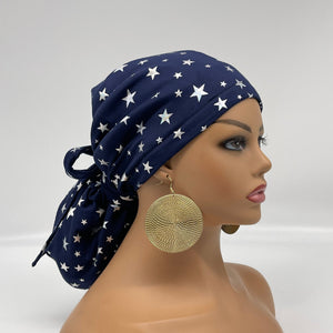 Adjustable PONY SCRUB CAP, Soft navy blue  silver stars stretchy fabric surgical nursing scrub hat, satin lining option for locs/Long Hair