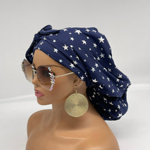Load image into Gallery viewer, Adjustable PONY SCRUB CAP, Soft navy blue  silver stars stretchy fabric surgical nursing scrub hat, satin lining option for locs/Long Hair
