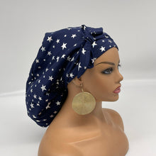 Load image into Gallery viewer, Adjustable PONY SCRUB CAP, navy blue  silver stars stretchy fabric surgical scrub hat nursing caps, satin lining option for locs/Long Hair