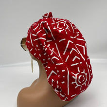 Load image into Gallery viewer, Adjustable PONY SCRUB CAP, Red and White Ankara cotton fabric surgical scrub hat pony nursing caps, satin lining option for locs/Long Hair