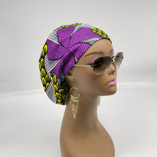 Load image into Gallery viewer, Niceroy surgical SCRUB HAT CAP,  Ankara Europe style nursing caps Purple and Yellow African print fabric and satin lining option.