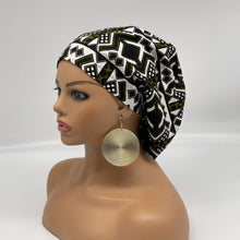Load image into Gallery viewer, Niceroy surgical SCRUB HAT CAP,  Ankara Europe style nursing caps black green white African print fabric and satin lining option.