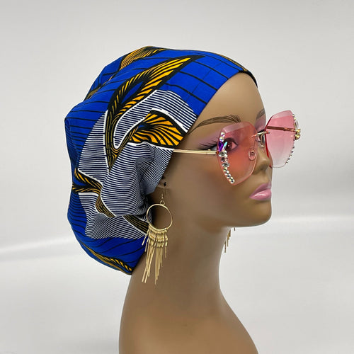 Niceroy surgical SCRUB HAT CAP,  Ankara Europe style nursing caps royal blue yellow cotton and satin lining option African Print