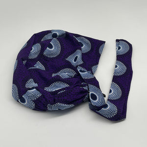 Adjustable PONY SCRUB CAP, Purple black White Ankara cotton fabric surgical scrub hat nursing caps, satin lining option for locs/Long Hair