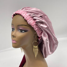 Load image into Gallery viewer, Reversible SATIN BONNET Head WRAP for healthy hair with edge wrap, pink and wine hair cover