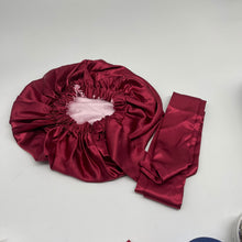 Load image into Gallery viewer, Reversible SATIN BONNET Head WRAP for healthy hair with edge wrap, pink and wine hair cover