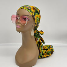 Load image into Gallery viewer, Adjustable Sunflower Dread Locs and braids HAT Cap, Ankara pony nursing caps made with cotton fabric and satin lining option for Long Hair