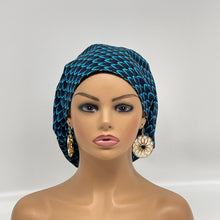 Load image into Gallery viewer, Niceroy surgical SCRUB HAT CAP,  Ankara Europe style nursing caps turquoise blue and black African print fabric and satin lining option.