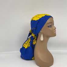 Load image into Gallery viewer, Adjustable Dread Locs and Long braids HAT Royal blue and yellow Ankara scrub cap and satin lining option for Long Hair