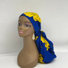 Load image into Gallery viewer, Adjustable Dread Locs and Long braids HAT Royal blue and yellow Ankara scrub cap and satin lining option for Long Hair