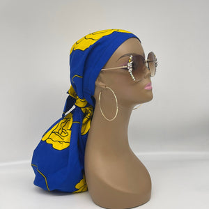 Adjustable Dread Locs and Long braids HAT Royal blue and yellow Ankara scrub cap and satin lining option for Long Hair