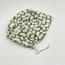 Load image into Gallery viewer, Niceroy surgical SCRUB HAT CAP, Daisy floral Europe style nursing caps black white yellow cotton print fabric and satin lining option.