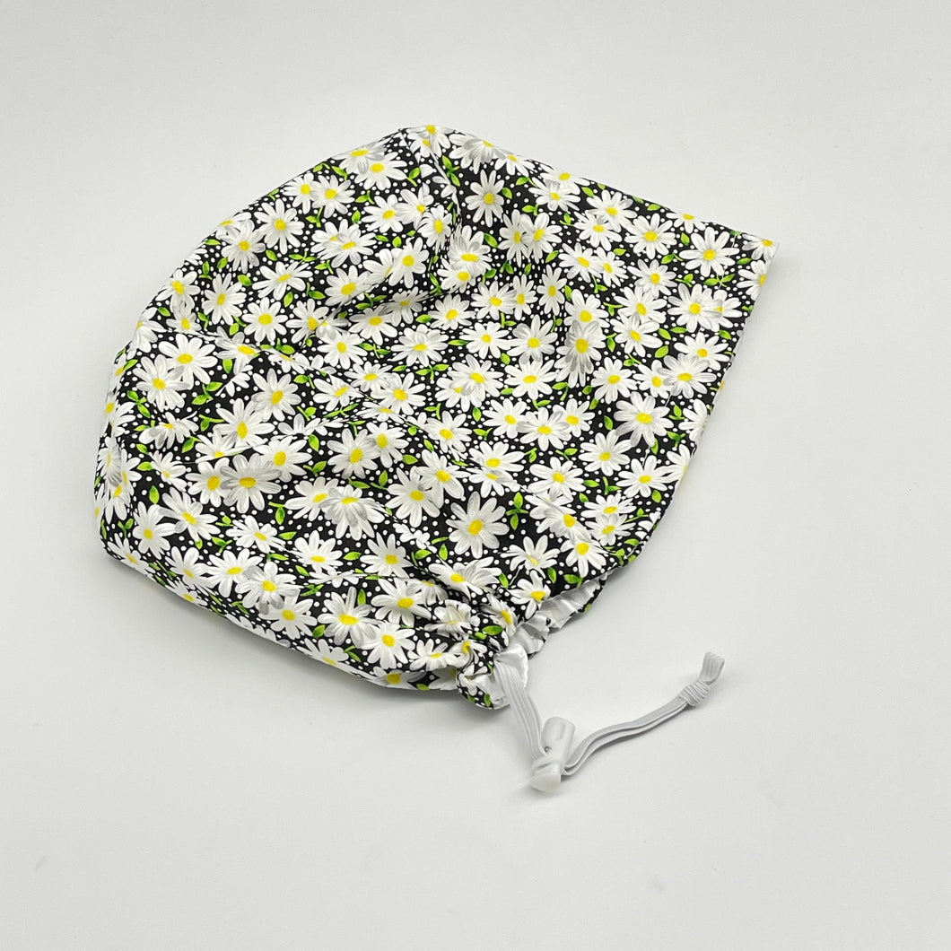 Niceroy surgical SCRUB HAT CAP, Daisy floral Europe style nursing caps black white yellow cotton print fabric and satin lining option.