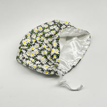 Load image into Gallery viewer, Niceroy surgical SCRUB HAT CAP, Daisy floral Europe style nursing caps black white yellow cotton print fabric and satin lining option.