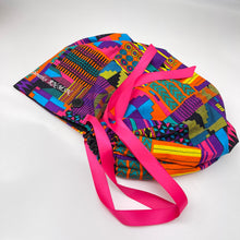 Load image into Gallery viewer, Adjustable 2XL JUMBO PONY SCRUB Cap,pink, purple Kente cotton fabric surgical nursing hat satin lining option for Extra long/thick Hair/Locs