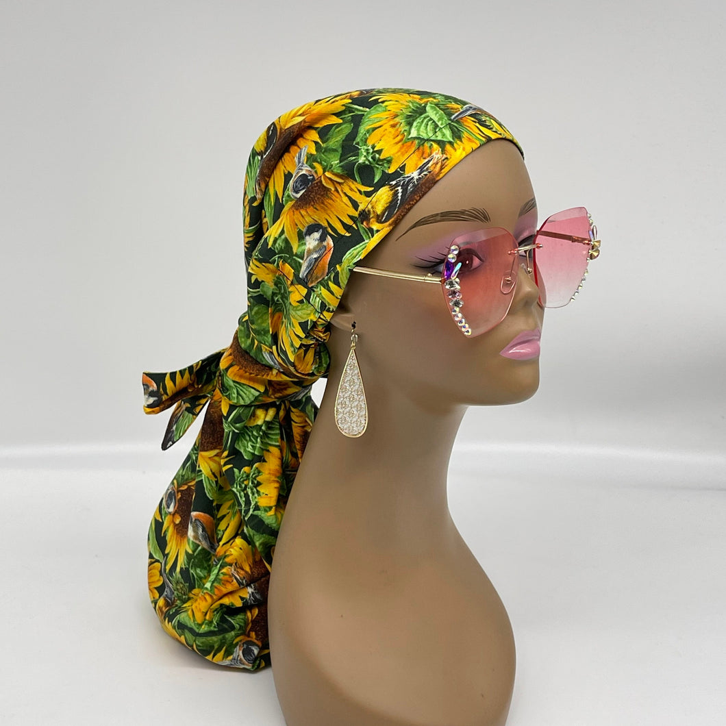 Adjustable Sunflower Dread Locs and braids HAT Cap, Ankara pony nursing caps made with cotton fabric and satin lining option for Long Hair
