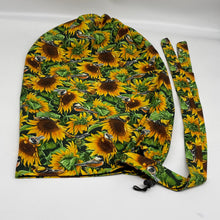 Load image into Gallery viewer, Adjustable Sunflower Dread Locs and braids HAT Cap, Ankara pony nursing caps made with cotton fabric and satin lining option for Long Hair