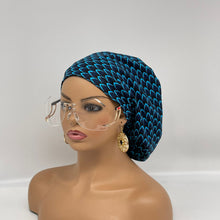 Load image into Gallery viewer, Niceroy surgical SCRUB HAT CAP,  Ankara Europe style nursing caps turquoise blue and black African print fabric and satin lining option.