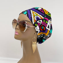 Load image into Gallery viewer, Surgical SCRUB HAT CAP,  Europe style geometric Ankara cotton print fabric Euro hat multicolored and satin lining option.