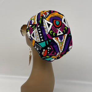 Surgical SCRUB HAT CAP,  Europe style geometric Ankara cotton print fabric Euro hat multicolored and satin lining option.
