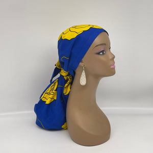 Adjustable Dread Locs and Long braids HAT Royal blue and yellow Ankara scrub cap and satin lining option for Long Hair